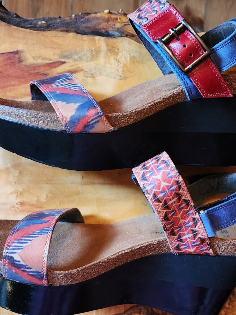 NAOT Platform Wedge Sandals, Blue-Red-Beige, Velcro Closure, size 9